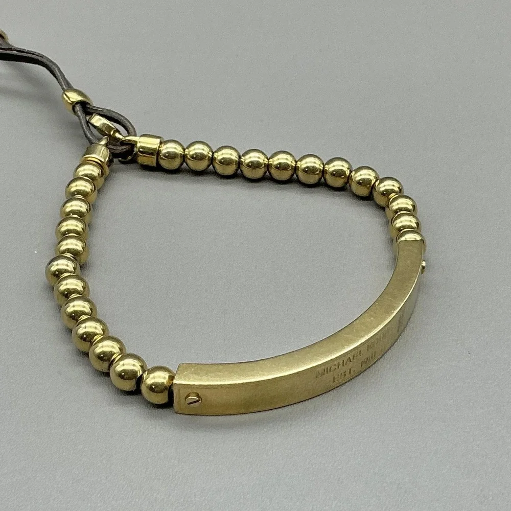 Michael Kors Bracelet Gold Tone Beaded ID Bar Leather Bolo Womens Jewelry‎ 7